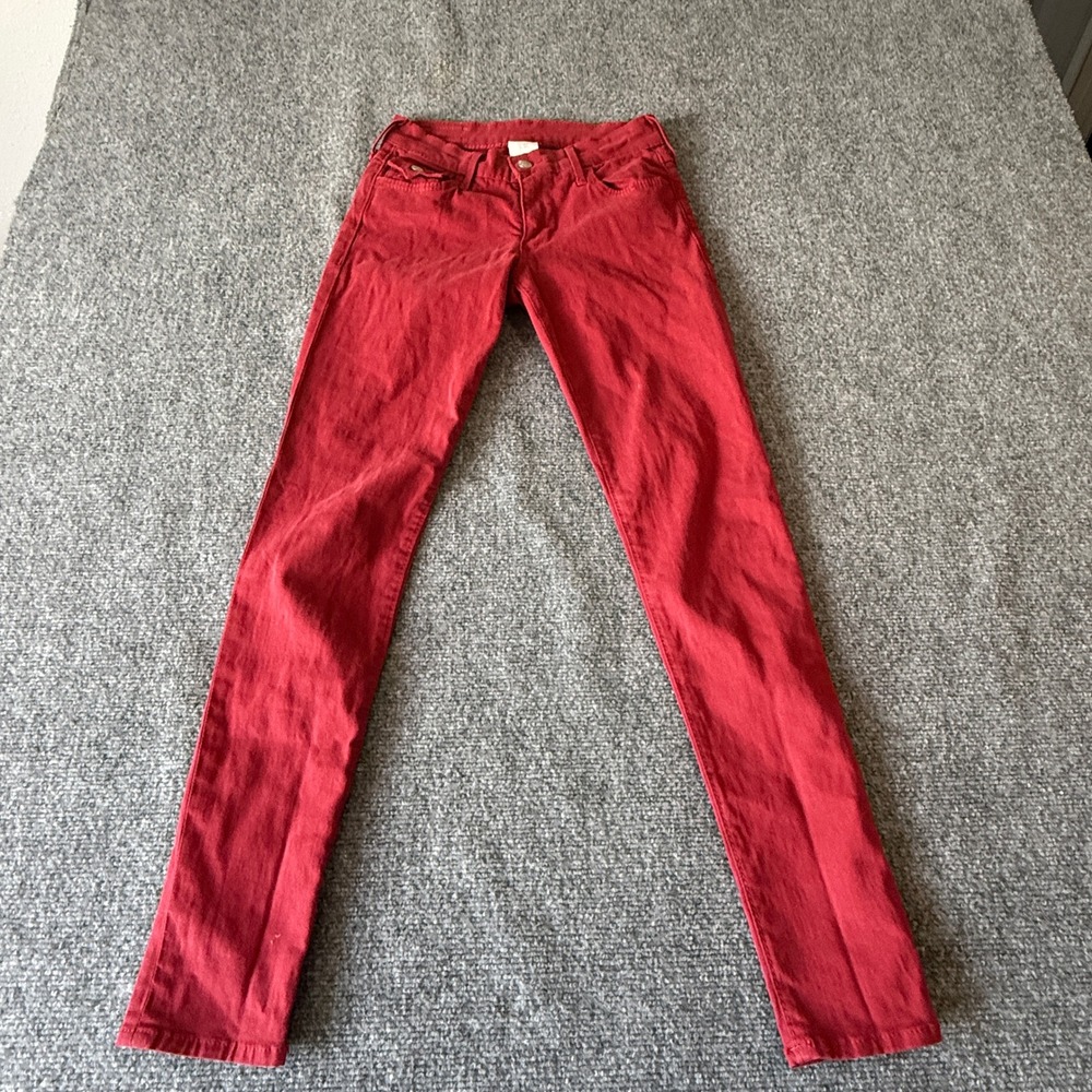 Trueβ Religion Womens Red Skinny Jeans Low Rise Flap Pocket Size 24 Made in USA
